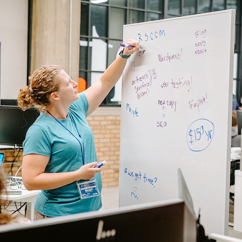 A volunteer leads the project team in a whiteboarding exercise