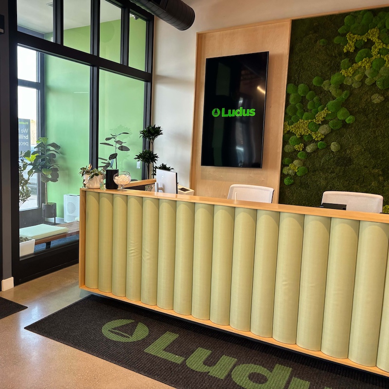 Brightly lit foyer of Ludus Technologies in Ada, MI