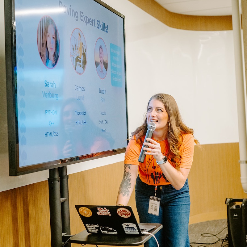 Board President Bethany presents our Weekend for Good 2025 kickoff